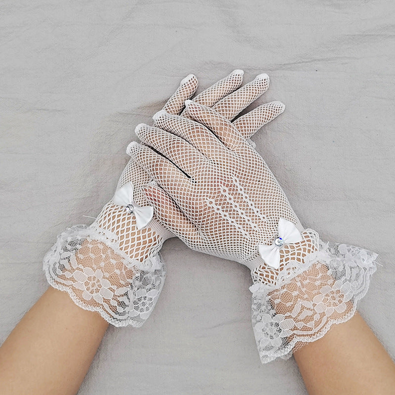 Sheer Mesh Lace Trim Bridal Gloves - WhiteDiamond