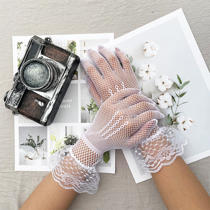 Sheer Mesh Lace Trim Bridal Gloves - WhiteLace 