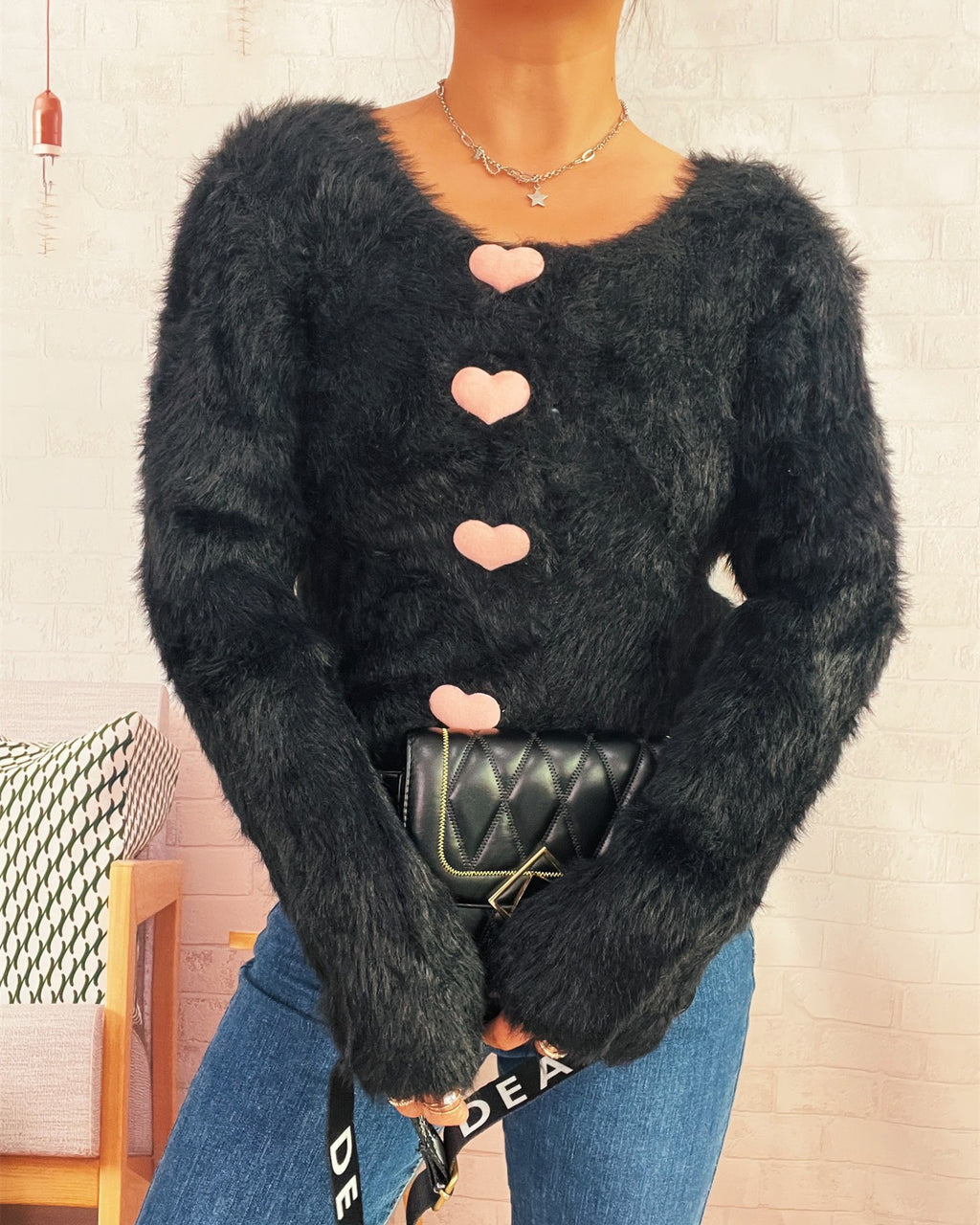 Fluffy Knit Heart Button Cropped Cardigan - Black