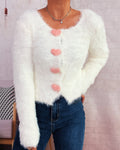 Fluffy Knit Heart Button Cropped Cardigan - White