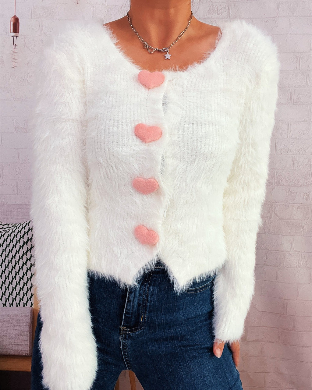 Fluffy Knit Heart Button Cropped Cardigan - White - 1