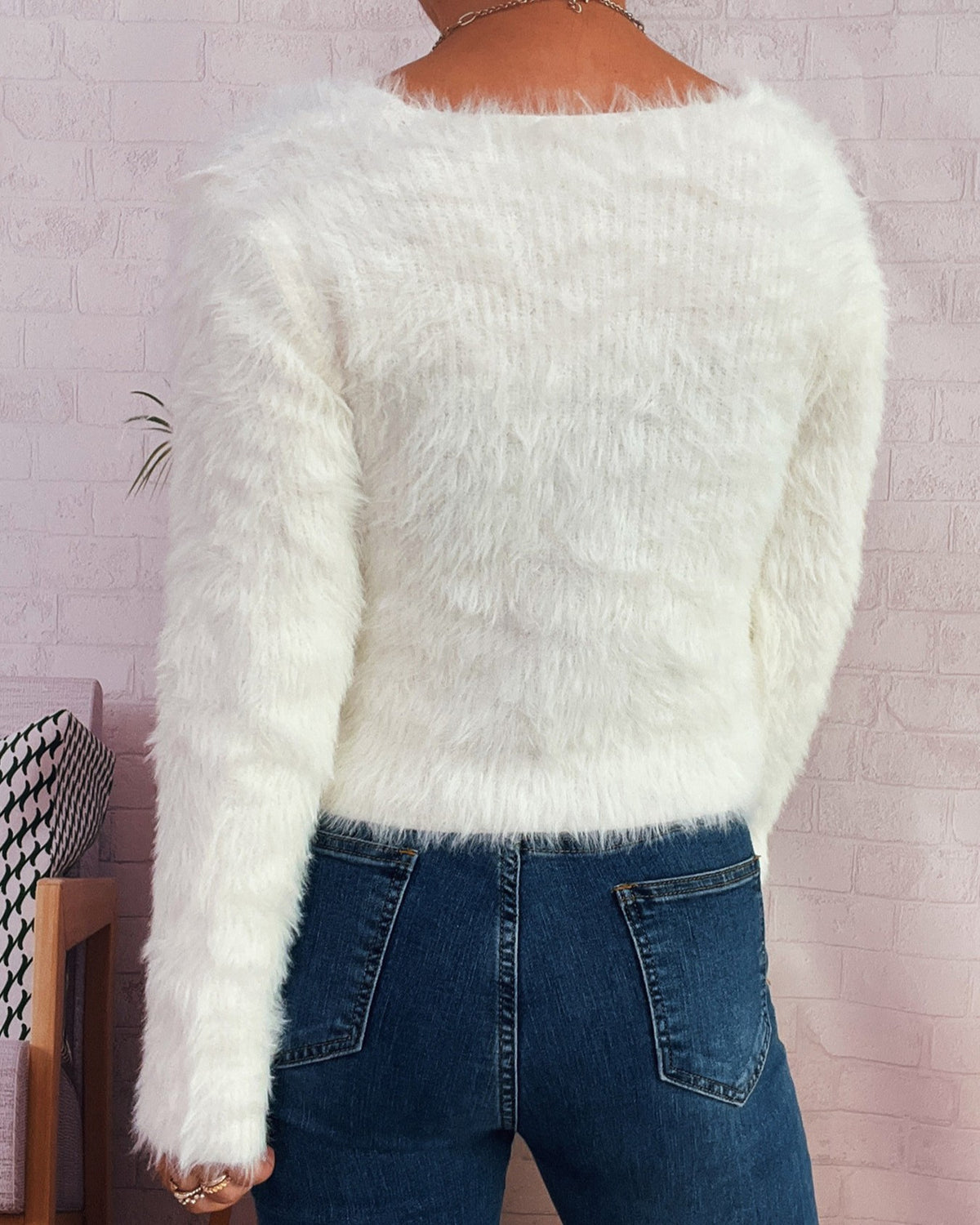 Fluffy Knit Heart Button Cropped Cardigan - White - 2