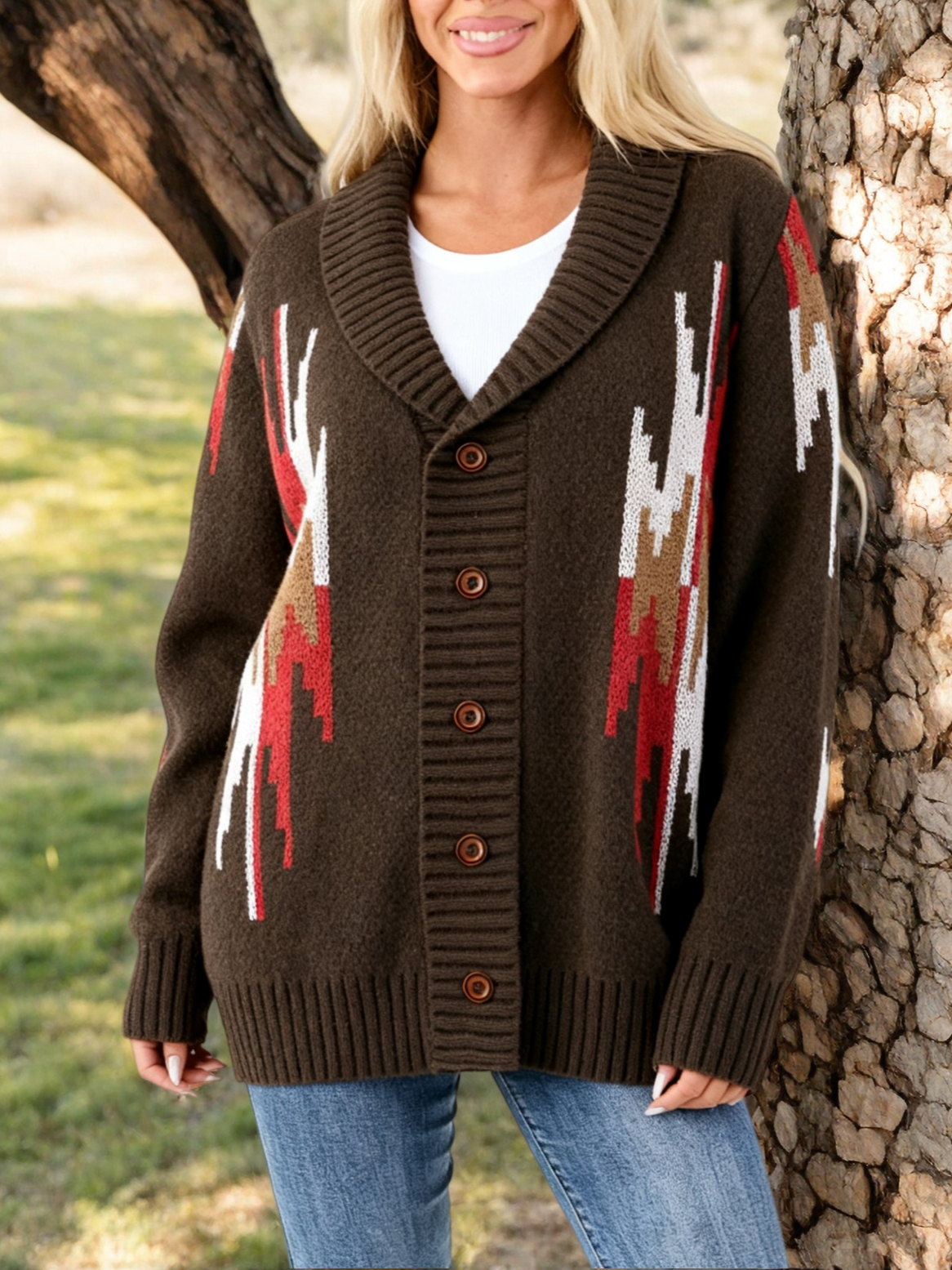 Western Thunderbird Knit Shawl Collar Cardigan - Coffee