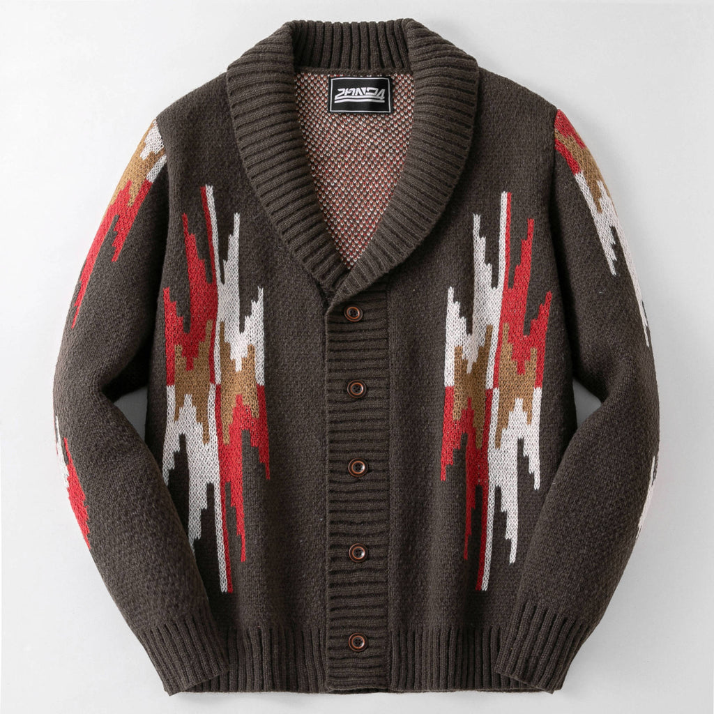 Western Thunderbird Knit Shawl Collar Cardigan - Coffee - 1