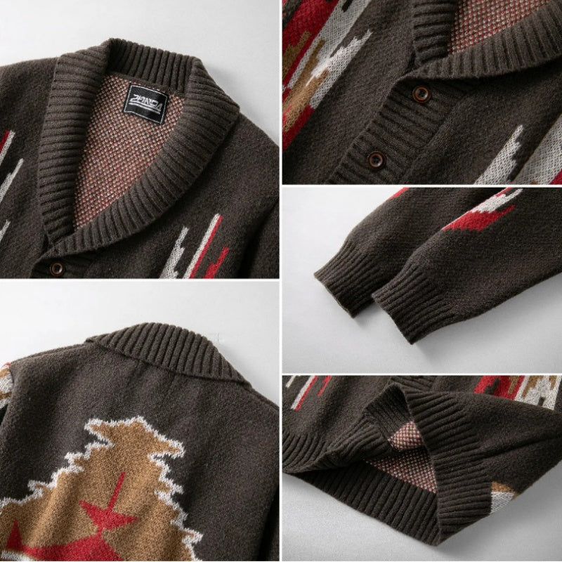 Western Thunderbird Knit Shawl Collar Cardigan - Coffee - 2