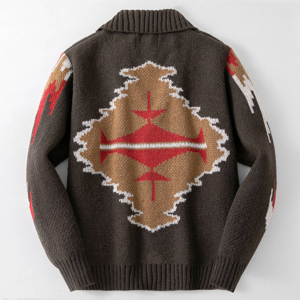 Western Thunderbird Knit Shawl Collar Cardigan - Coffee - 3