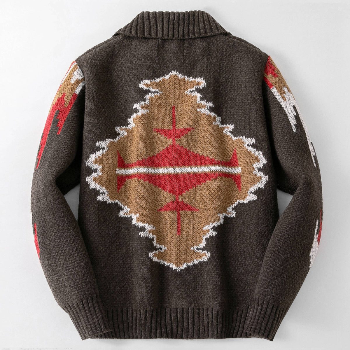 Western Thunderbird Knit Shawl Collar Cardigan - Coffee - 3