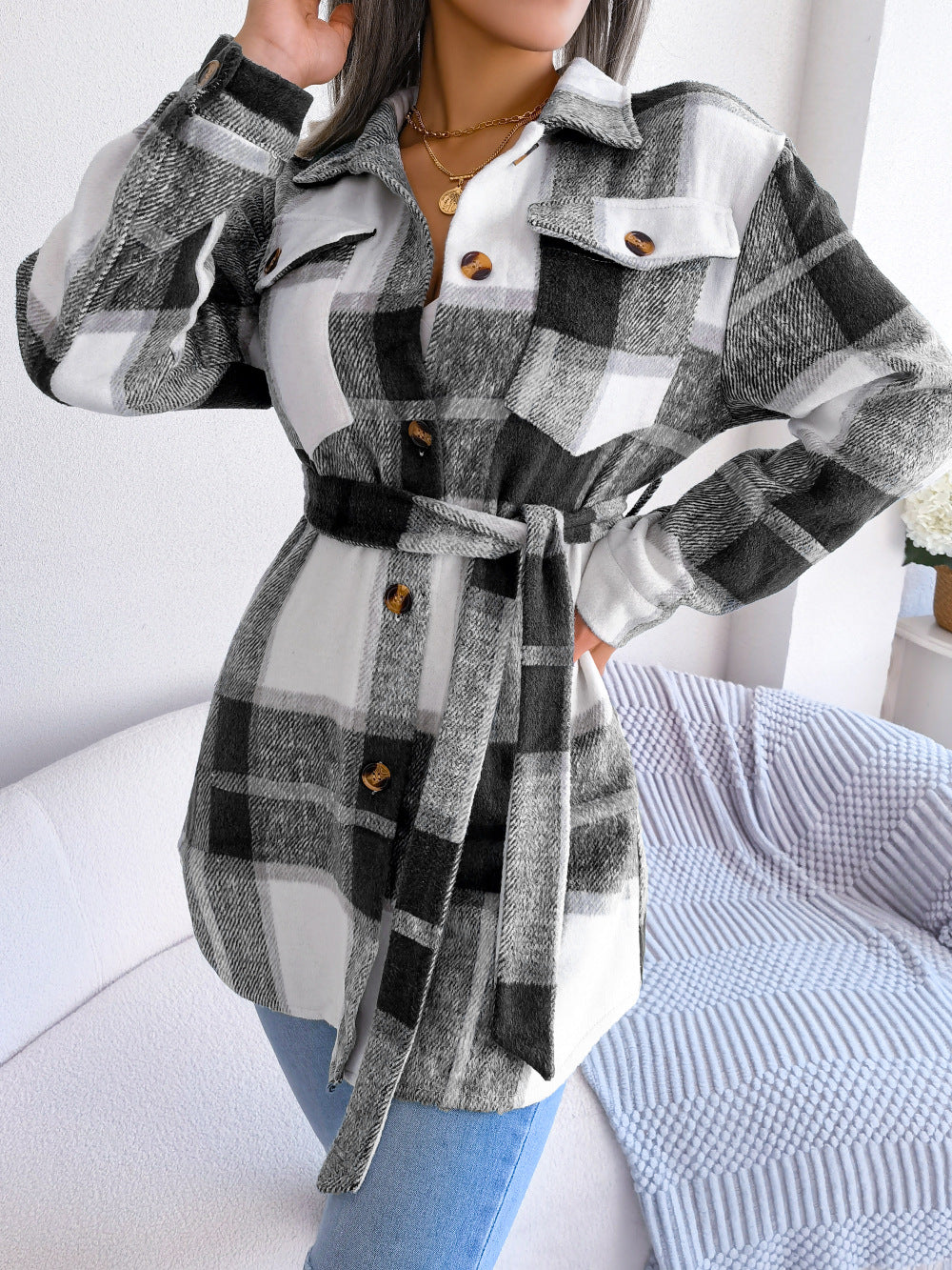 Plaid Tie Waist Button Front Shacket - Black