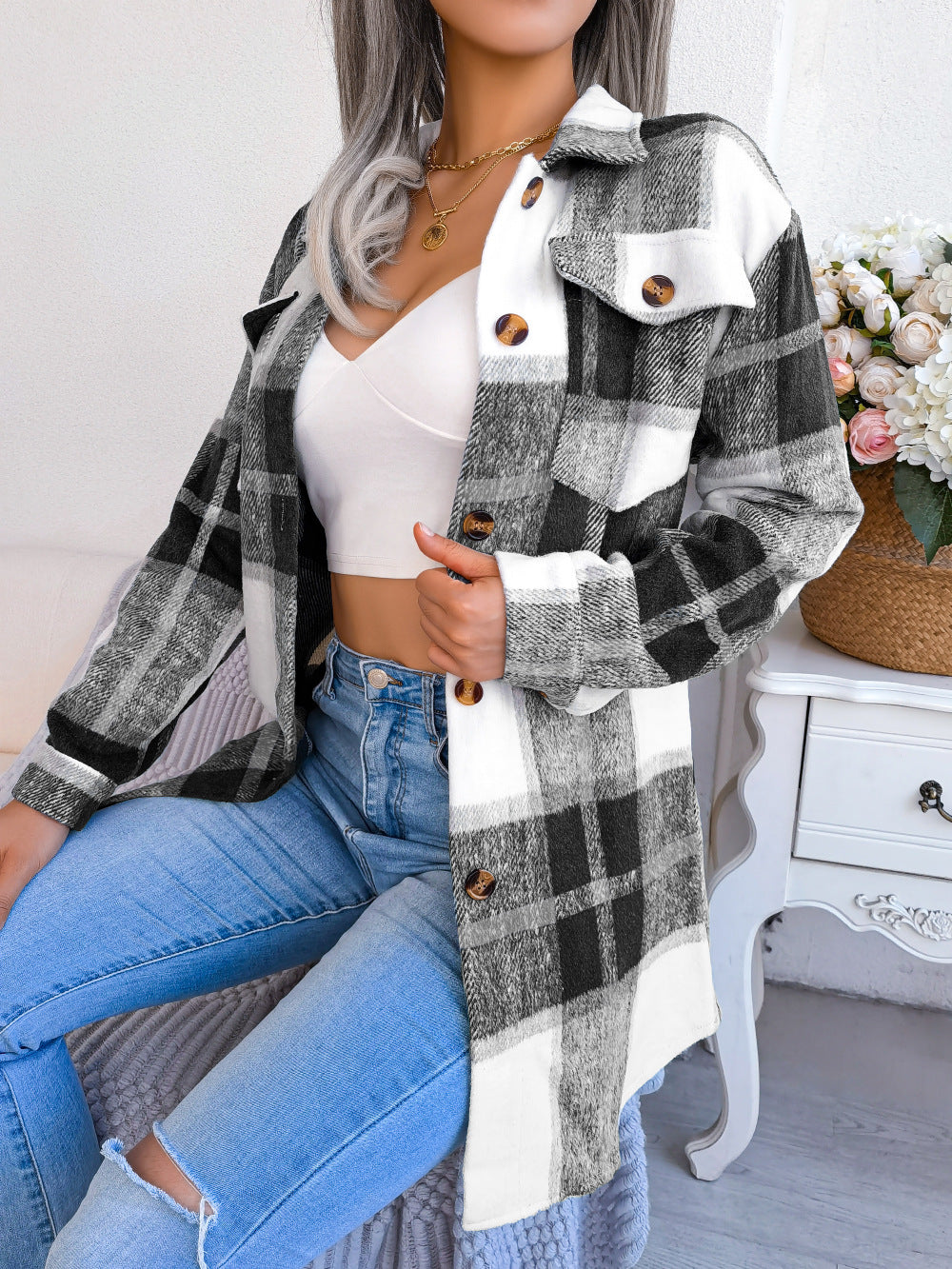 Plaid Tie Waist Button Front Shacket - Black - 3