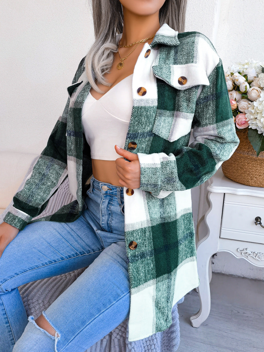 Plaid Tie Waist Button Front Shacket - Green - 3