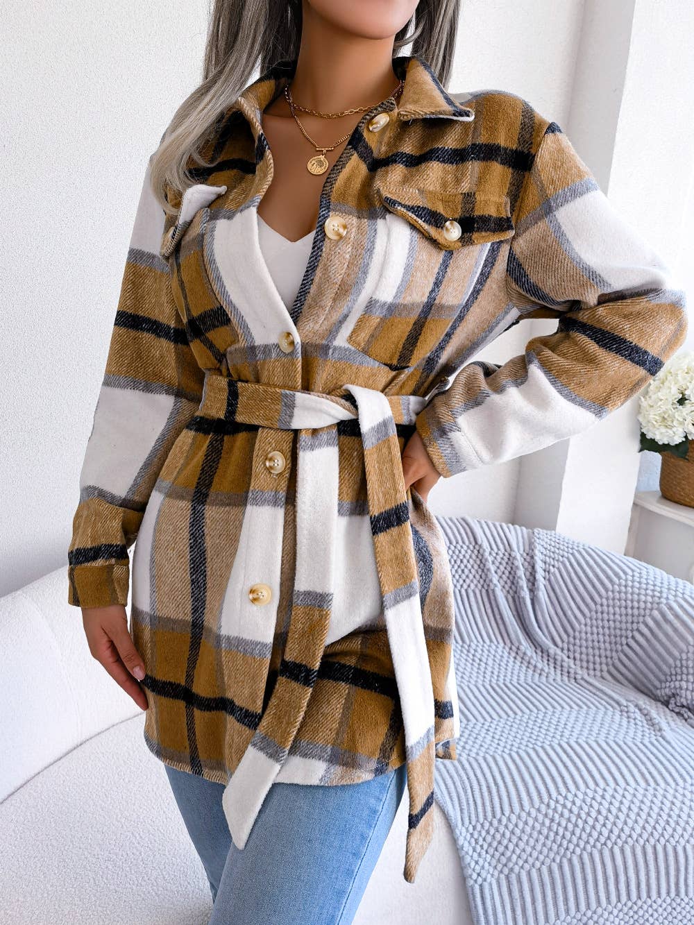 Plaid Tie Waist Button Front Shacket