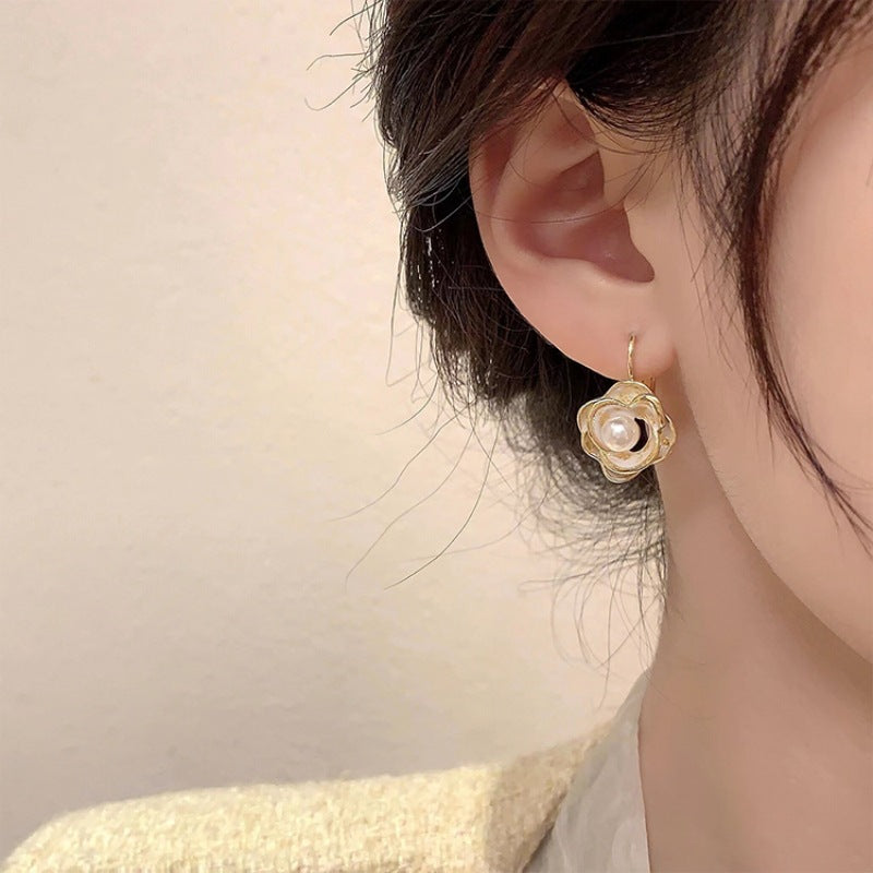 Camellia Flower Pearl Drop Earrings - Style_4