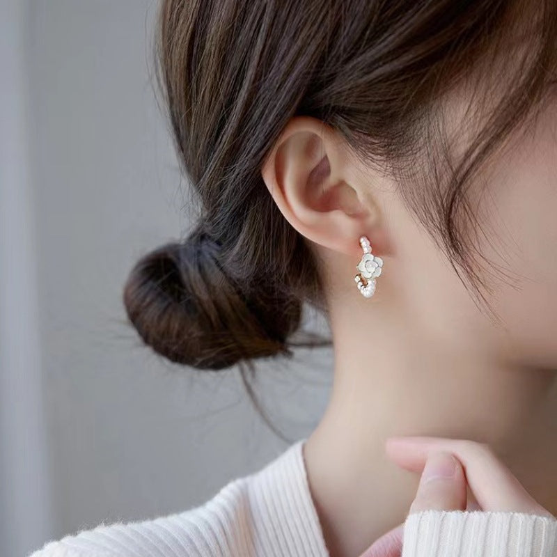 Camellia Flower Pearl Drop Earrings - Style_9