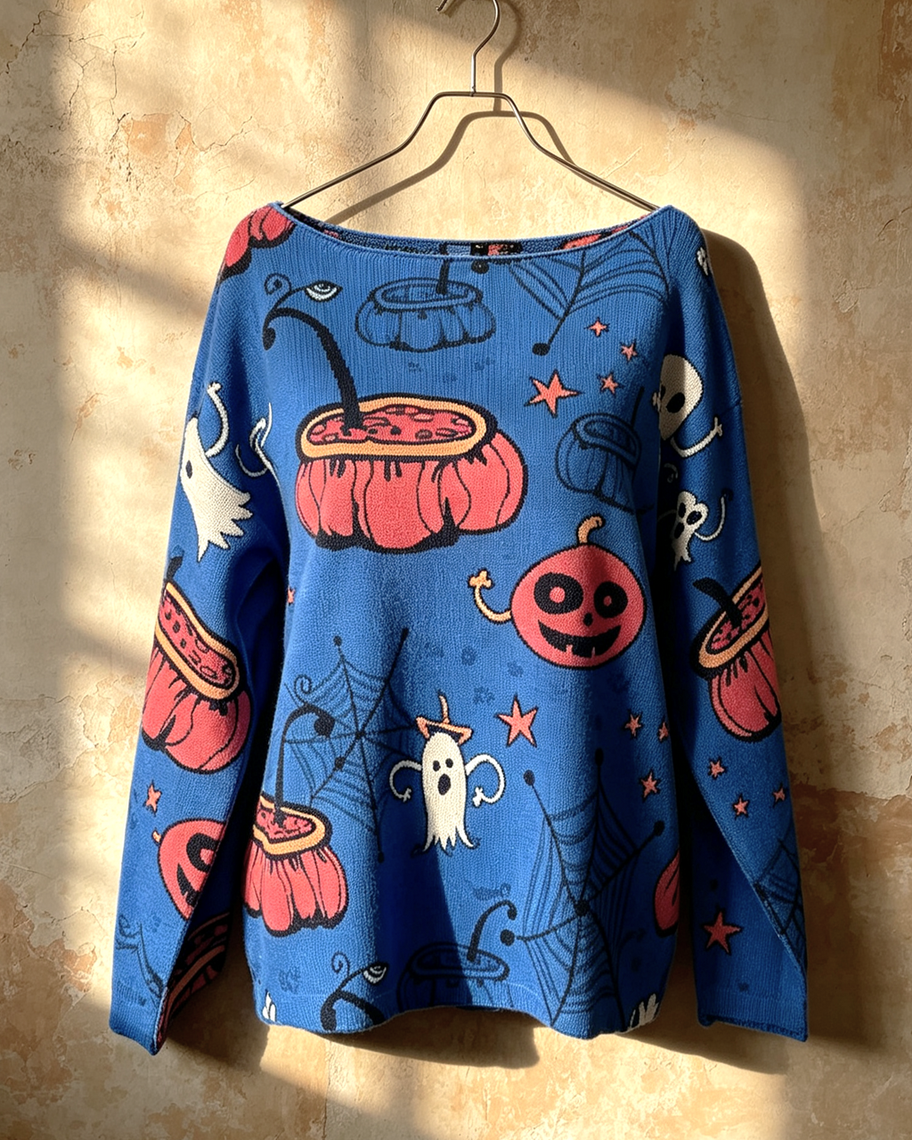 Halloween Novelty Print Slouchy Knit Sweater - Pumpkin
