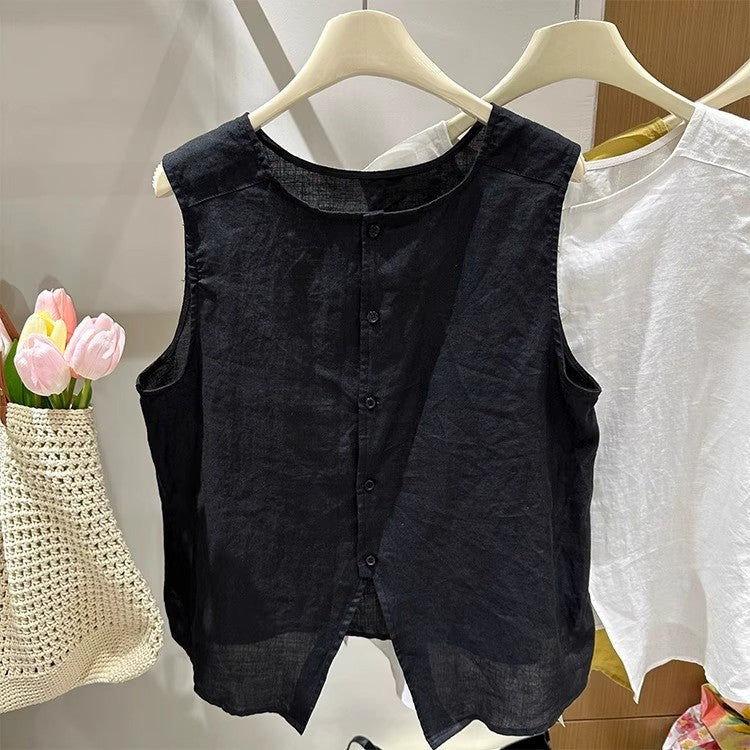 Sleeveless Button Front Tank Top With Split Hem - black