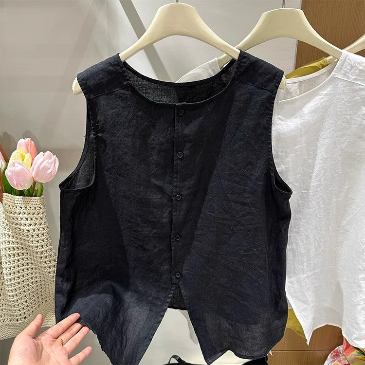 Sleeveless Button Front Tank Top With Split Hem - black - 1