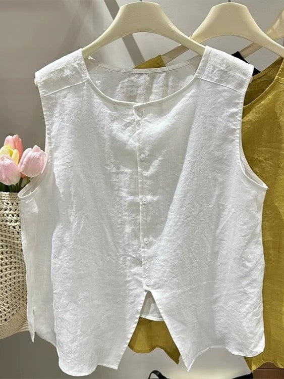 Sleeveless Button Front Tank Top With Split Hem - white