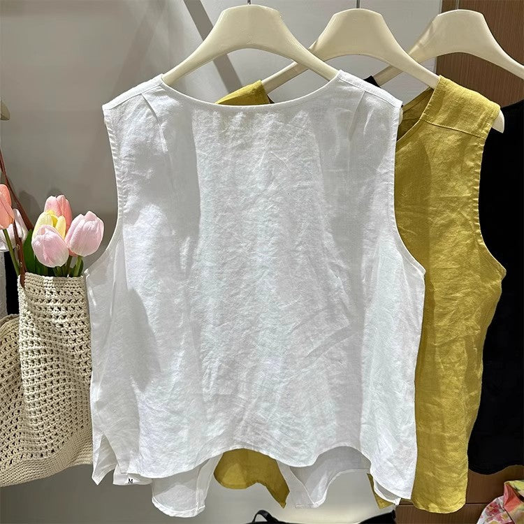 Sleeveless Button Front Tank Top With Split Hem - white - 1