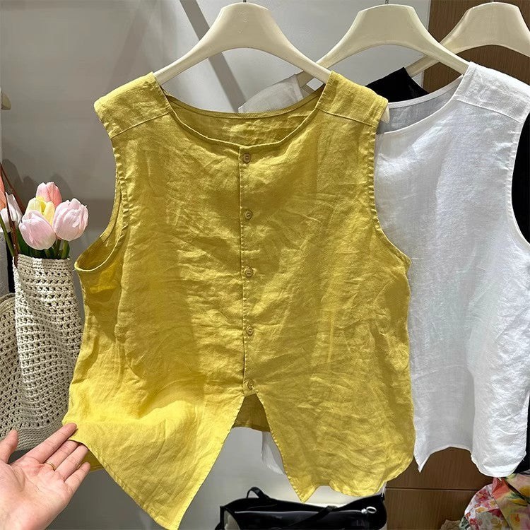 Sleeveless Button Front Tank Top With Split Hem - yellow - 1