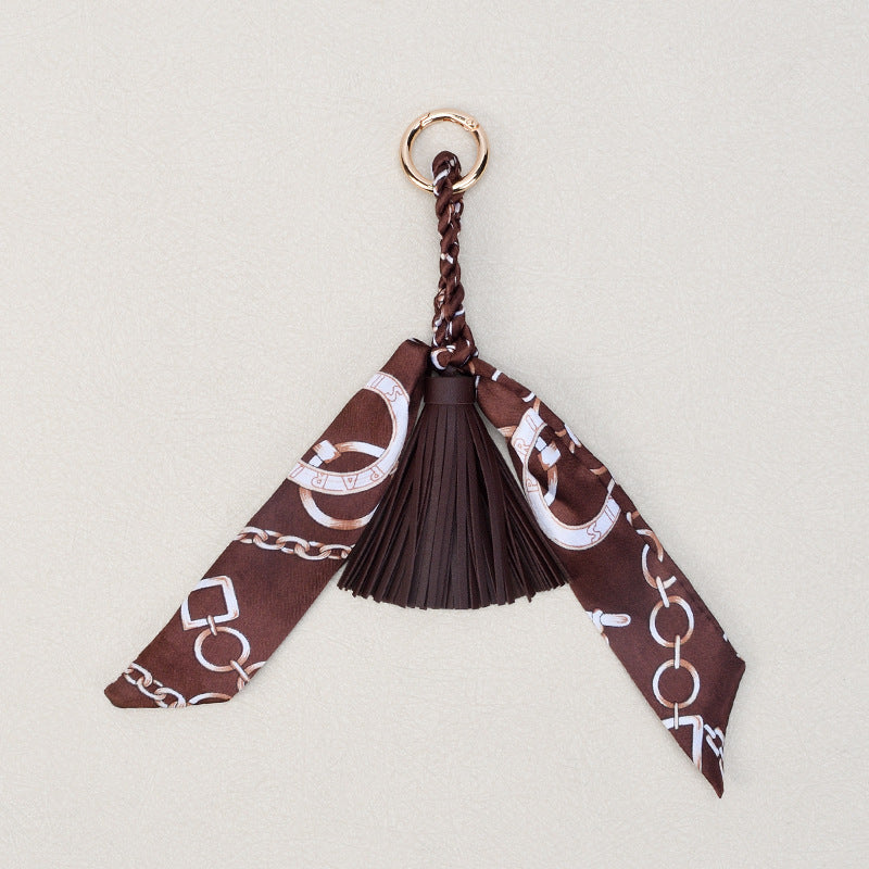 Printed Twilly Scarf Bag Charm Keychain - Coffee