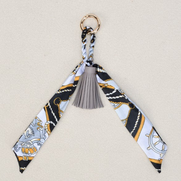 Printed Twilly Scarf Bag Charm Keychain - Grey