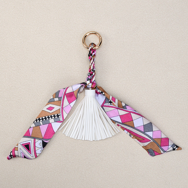 Printed Twilly Scarf Bag Charm Keychain - White