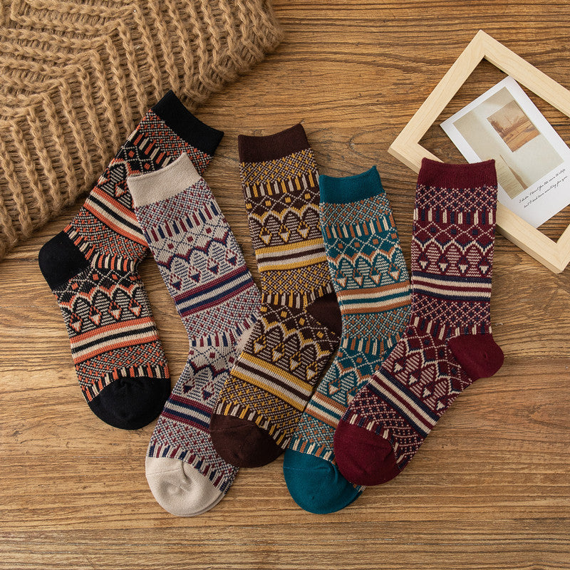 Retro Diamond Jacquard Cotton Winter Socks - Beige