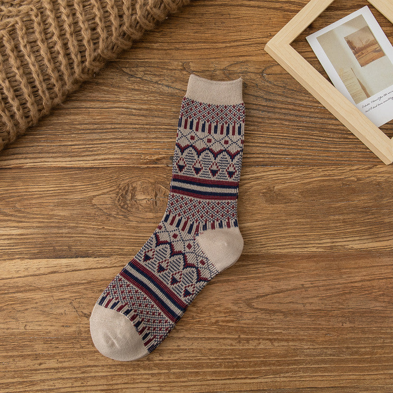 Retro Diamond Jacquard Cotton Winter Socks - Beige - 1
