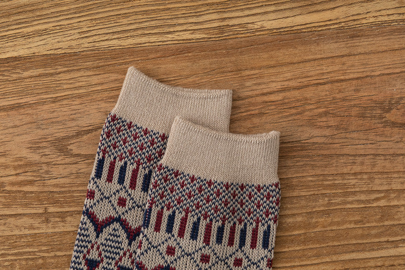 Retro Diamond Jacquard Cotton Winter Socks - Beige - 2