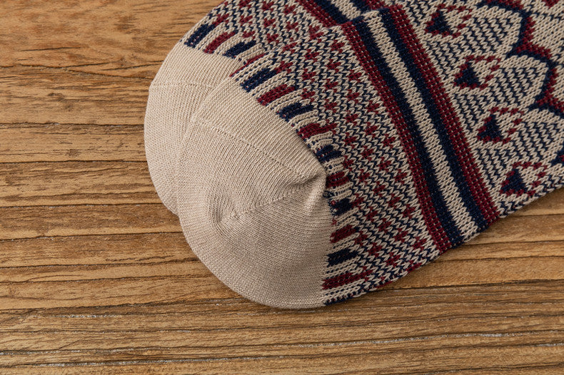 Retro Diamond Jacquard Cotton Winter Socks - Beige - 3