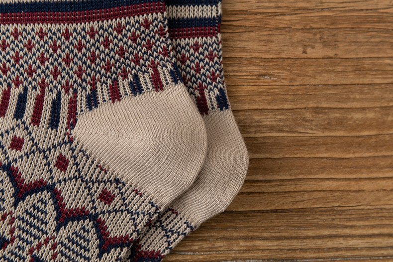 Retro Diamond Jacquard Cotton Winter Socks - Beige - 4