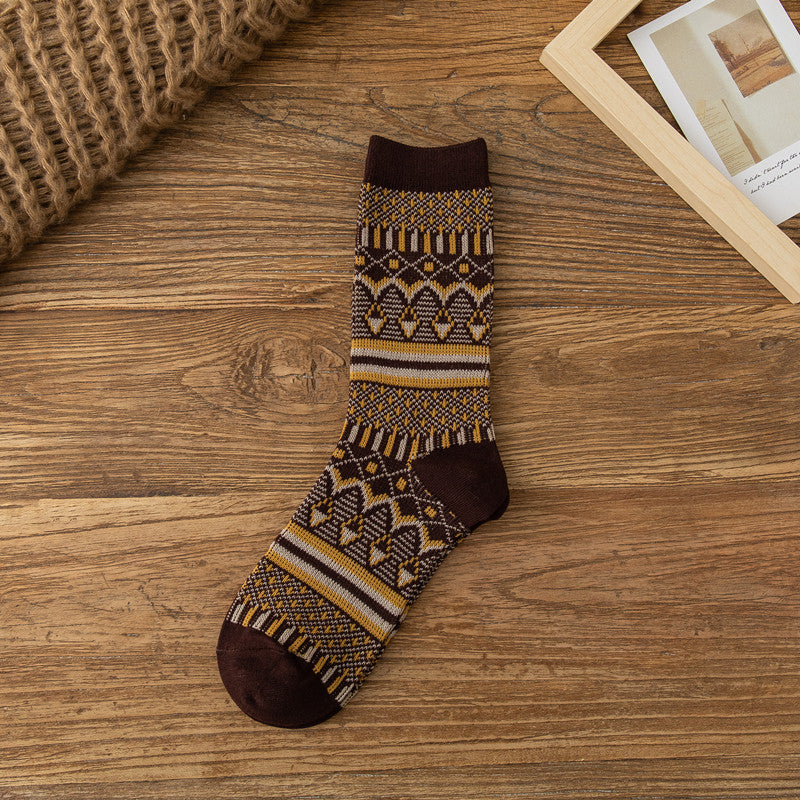 Retro Diamond Jacquard Cotton Winter Socks - Coffee