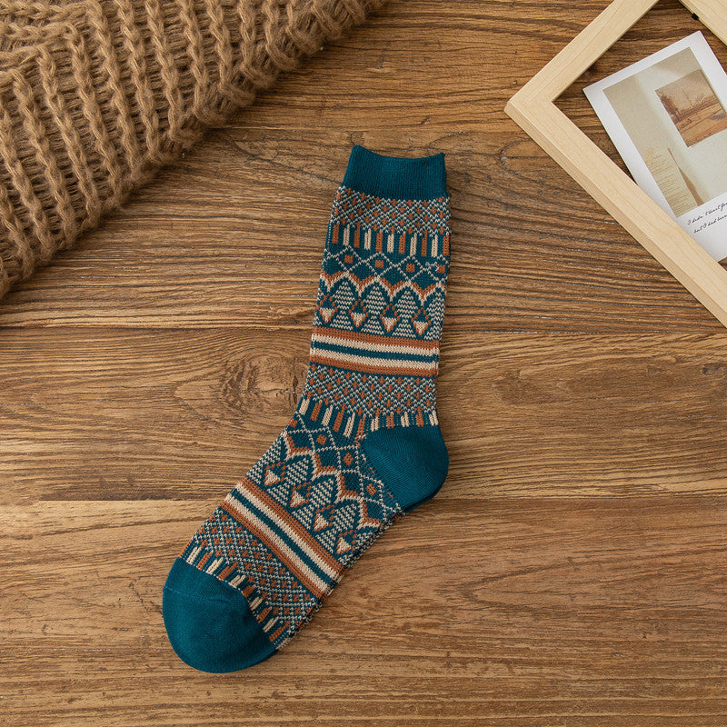 Retro Diamond Jacquard Cotton Winter Socks - Green