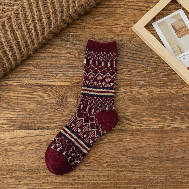 Retro Diamond Jacquard Cotton Winter Socks - WineRed