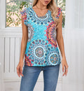 Medallion Print Cap Sleeve Tunic Tee - Blue