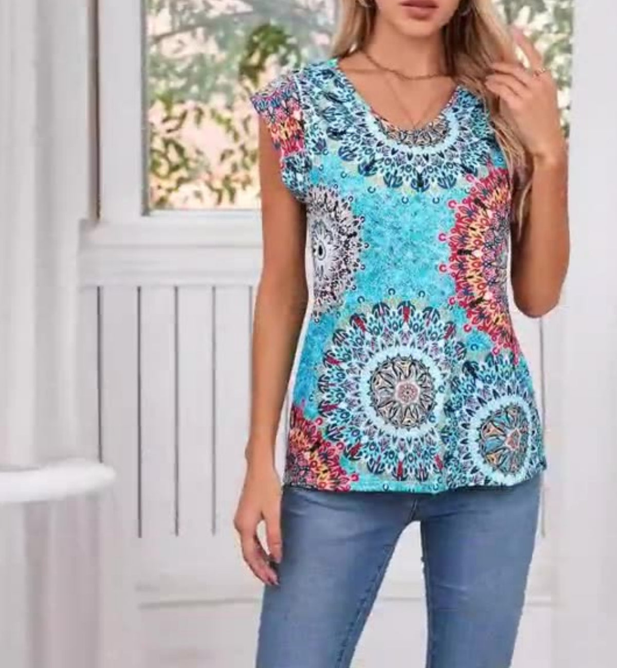 Medallion Print Cap Sleeve Tunic Tee - view 1
