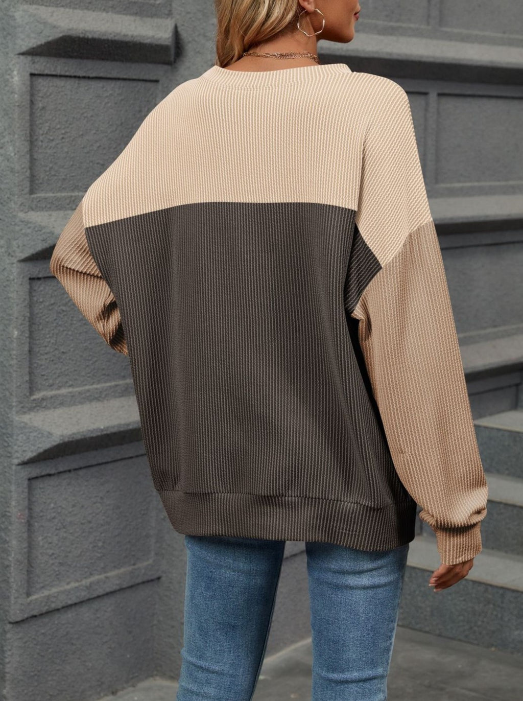 Colorblock Waffle Knit Drop Shoulder Top - Darkgrey - 1