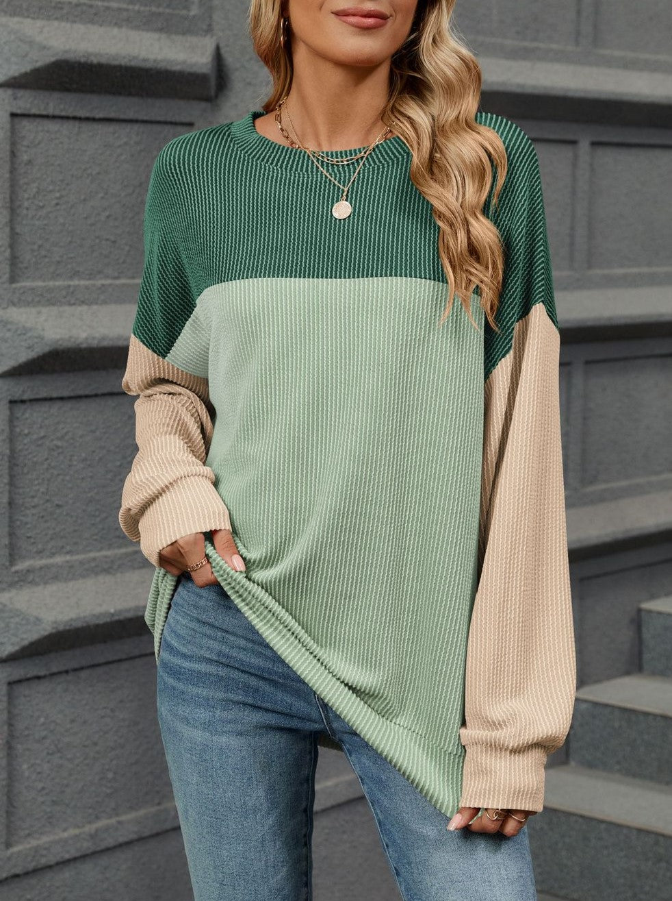 Colorblock Waffle Knit Drop Shoulder Top - Green - 1