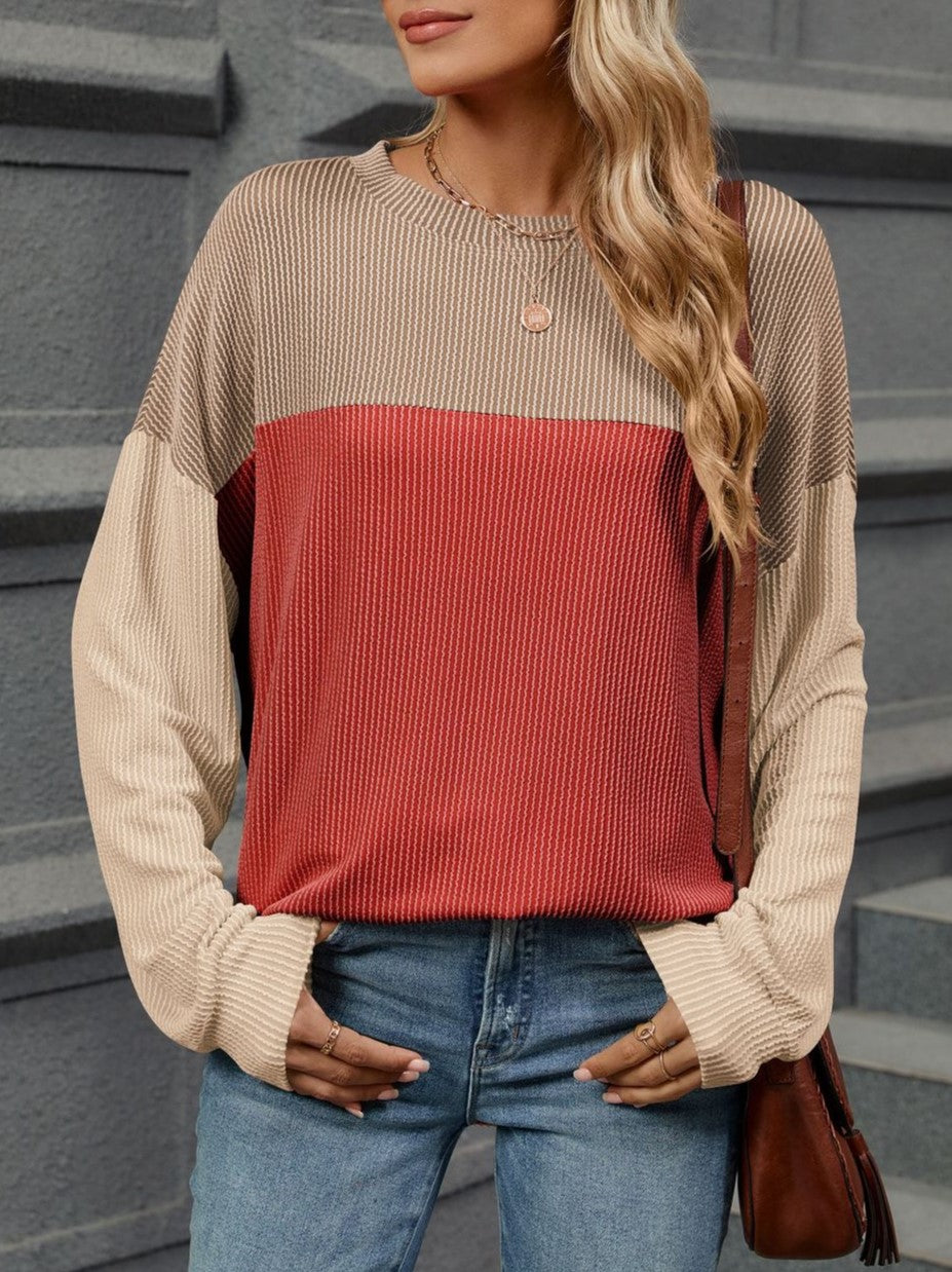 Colorblock Waffle Knit Drop Shoulder Top - Red - 1