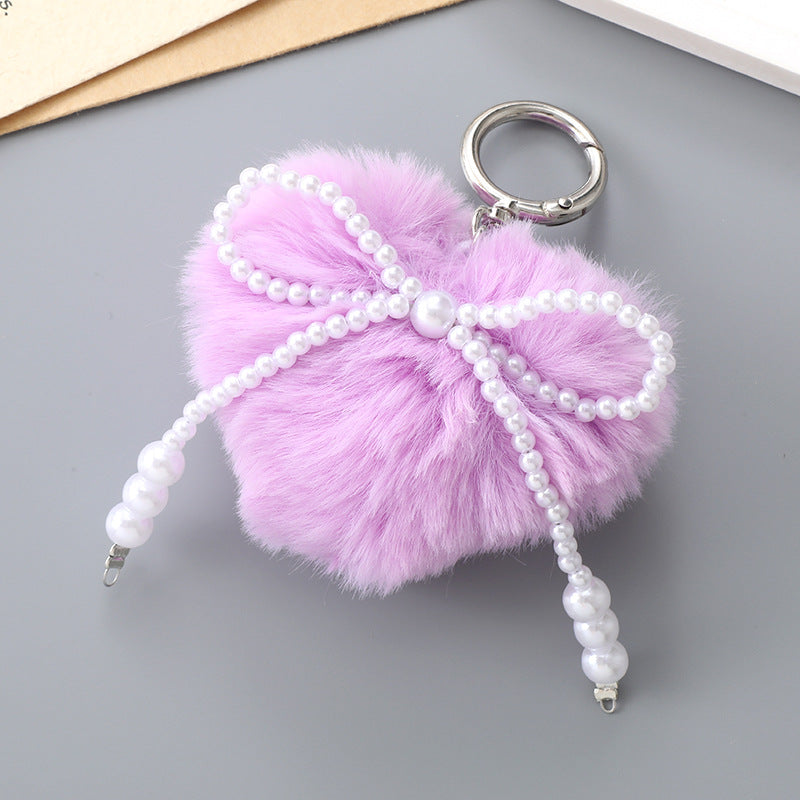 Fluffy Heart Pom Pearl Bow Keyring - Purple