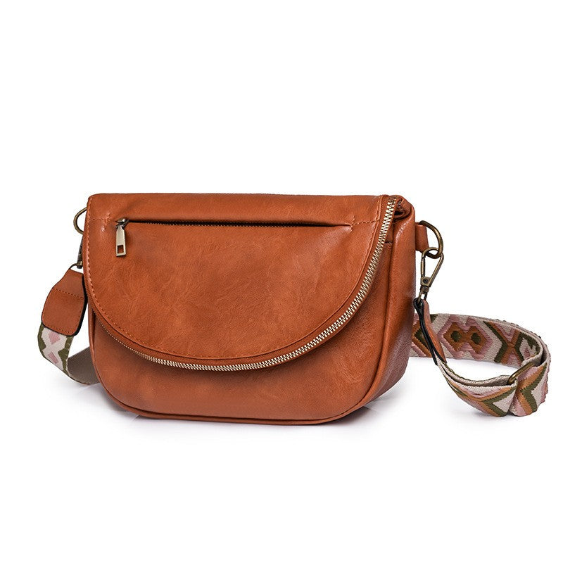 Half Moon Crossbody Bag With Guitar Strap - Cognac