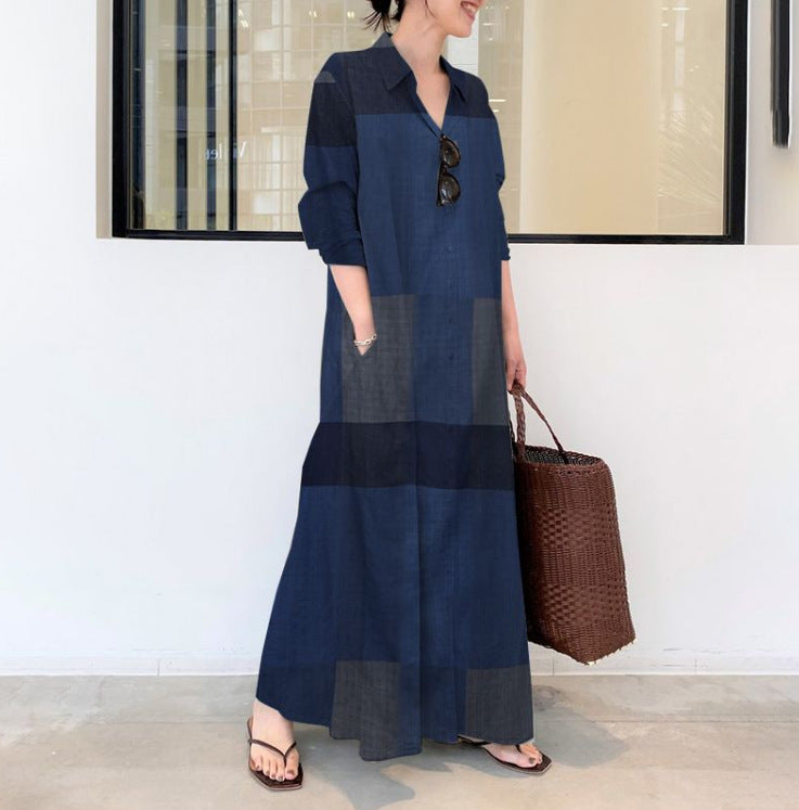 Vintage Patchwork Check Collared Maxi Dress - blue