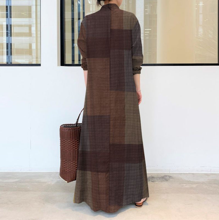 Vintage Patchwork Check Collared Maxi Dress - brown - 1