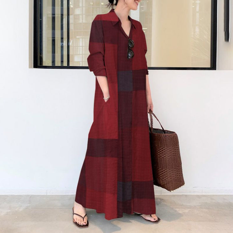 Vintage Patchwork Check Collared Maxi Dress - red