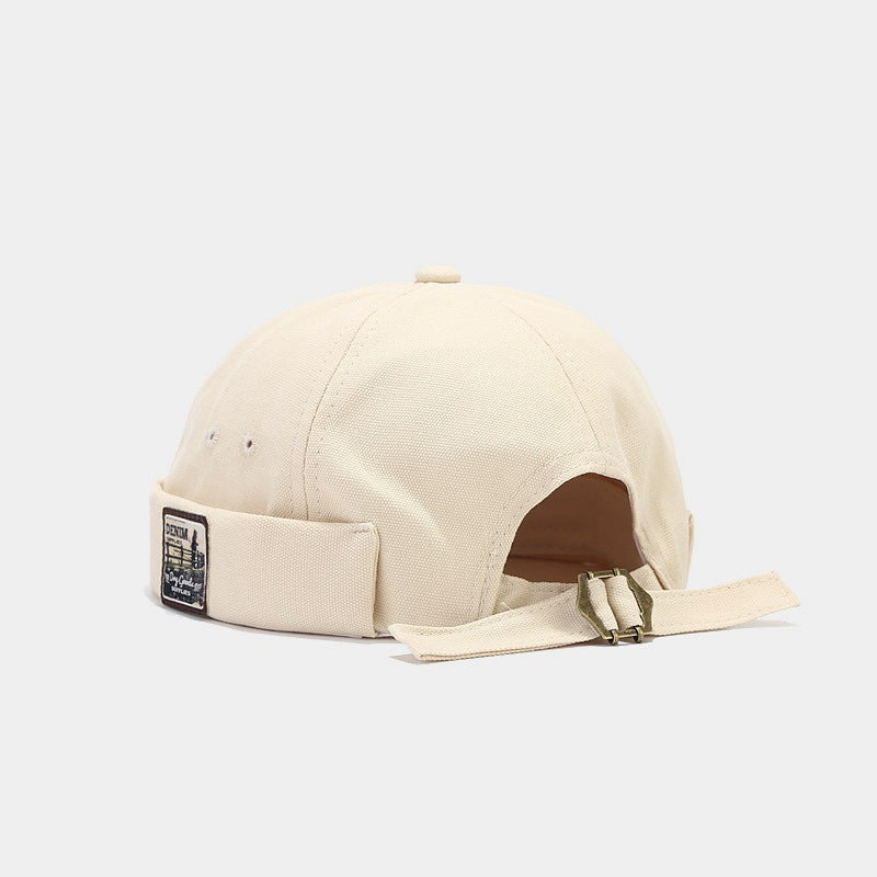 Brimless Bowler Hat with Woven Patch - Beige