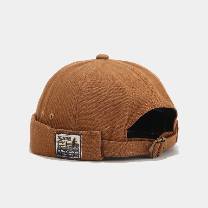Brimless Bowler Hat with Woven Patch - DarkKhaki