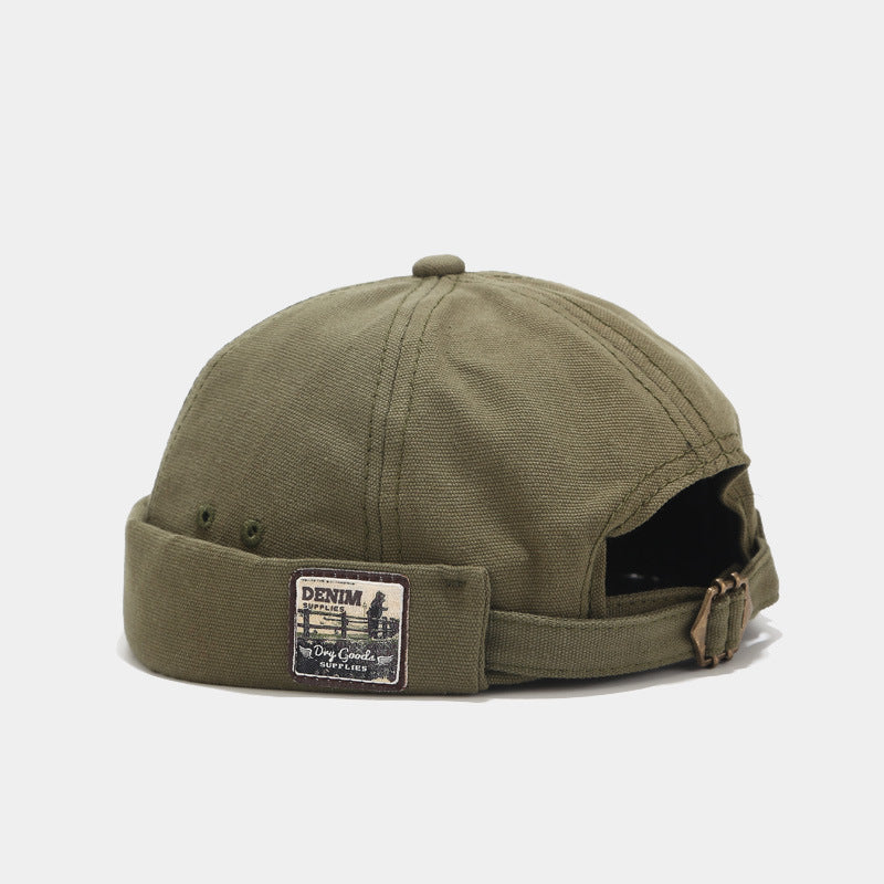 Brimless Bowler Hat with Woven Patch - Olive