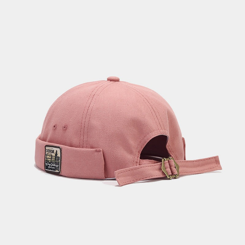 Brimless Bowler Hat with Woven Patch - Pink