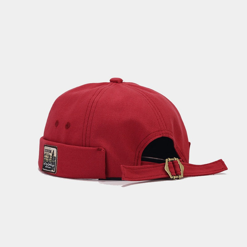 Brimless Bowler Hat with Woven Patch - Red
