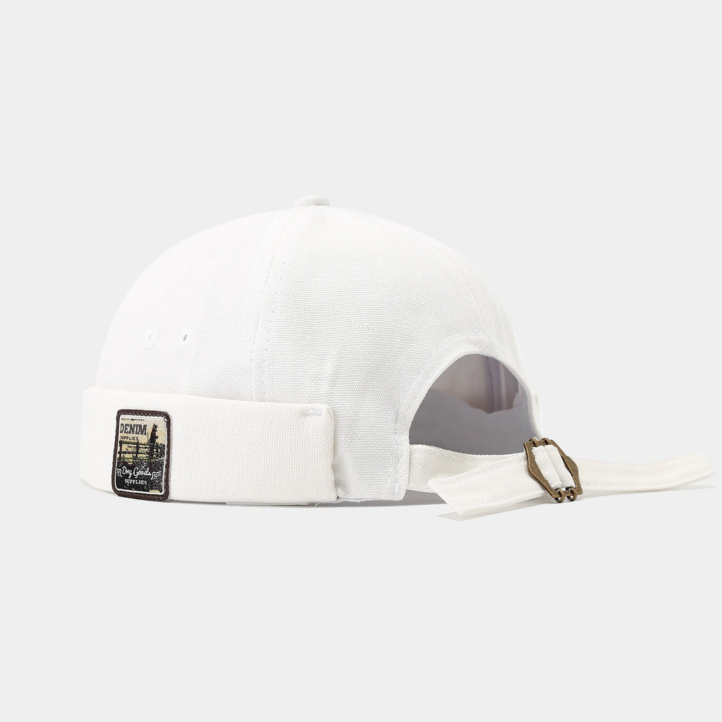 Brimless Bowler Hat with Woven Patch - white